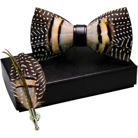 Handmade Feather Pre-tied Bow tie and Brooch Sets for Men - Picture 2 of 7